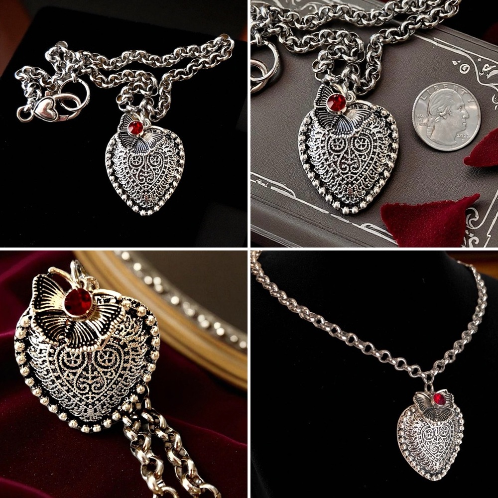 Beautiful Silver Toned Heart Necklace with Butterfly and Red Gem Charm 16.5” - Picture 17 of 17